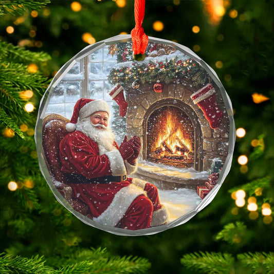 Netecom Relaxing Santa with Fireplace & Stockings Glass Ornament – Traditional Christmas Tree Decoration, Holiday Keepsake, 3-inch