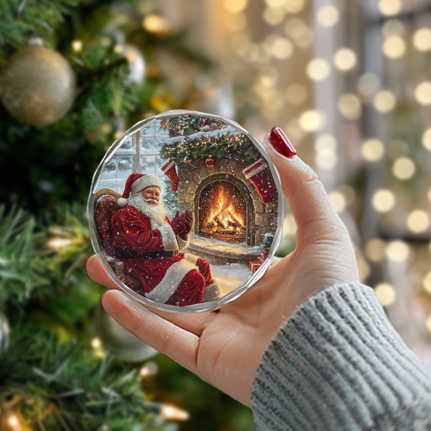 Netecom Relaxing Santa with Fireplace & Stockings Glass Ornament – Traditional Christmas Tree Decoration, Holiday Keepsake, 3-inch