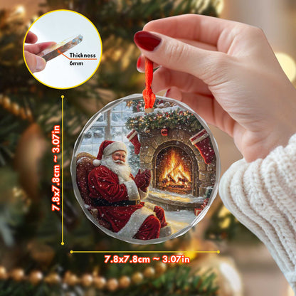 Netecom Relaxing Santa with Fireplace & Stockings Glass Ornament – Traditional Christmas Tree Decoration, Holiday Keepsake, 3-inch