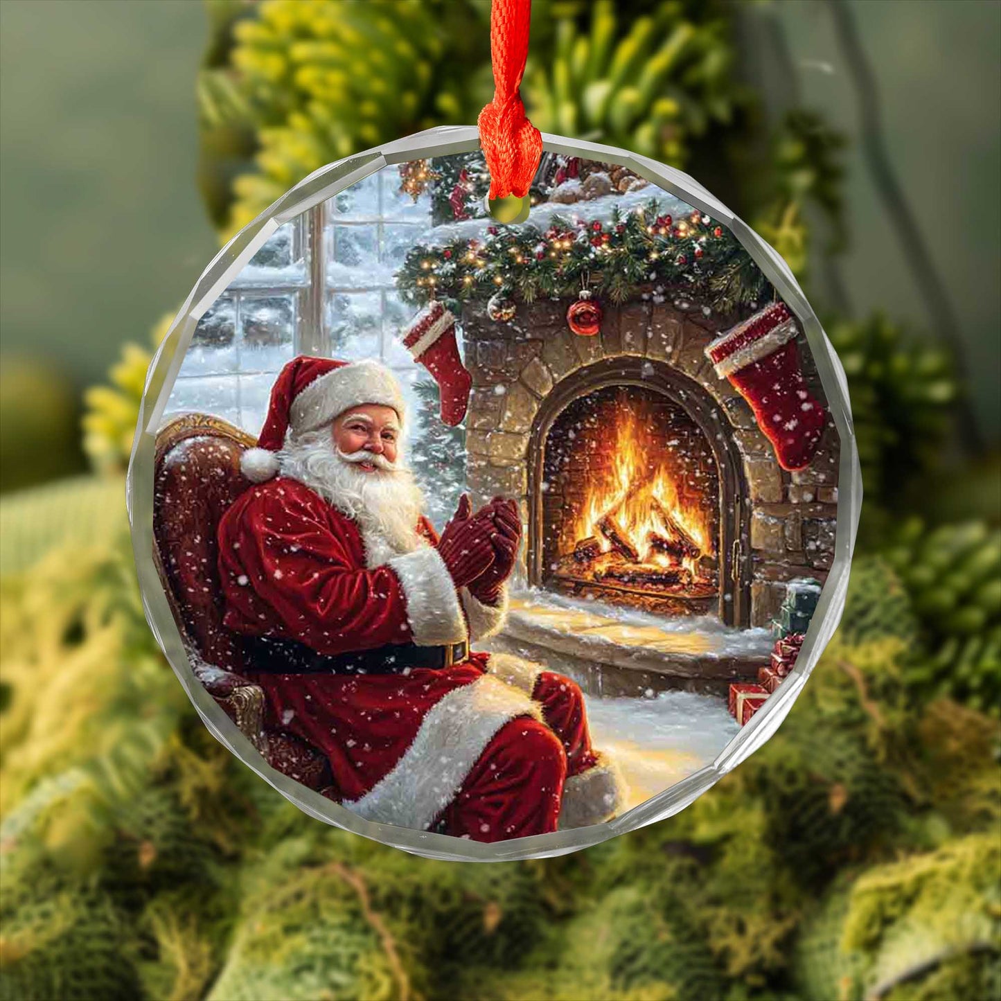 Netecom Relaxing Santa with Fireplace & Stockings Glass Ornament – Traditional Christmas Tree Decoration, Holiday Keepsake, 3-inch