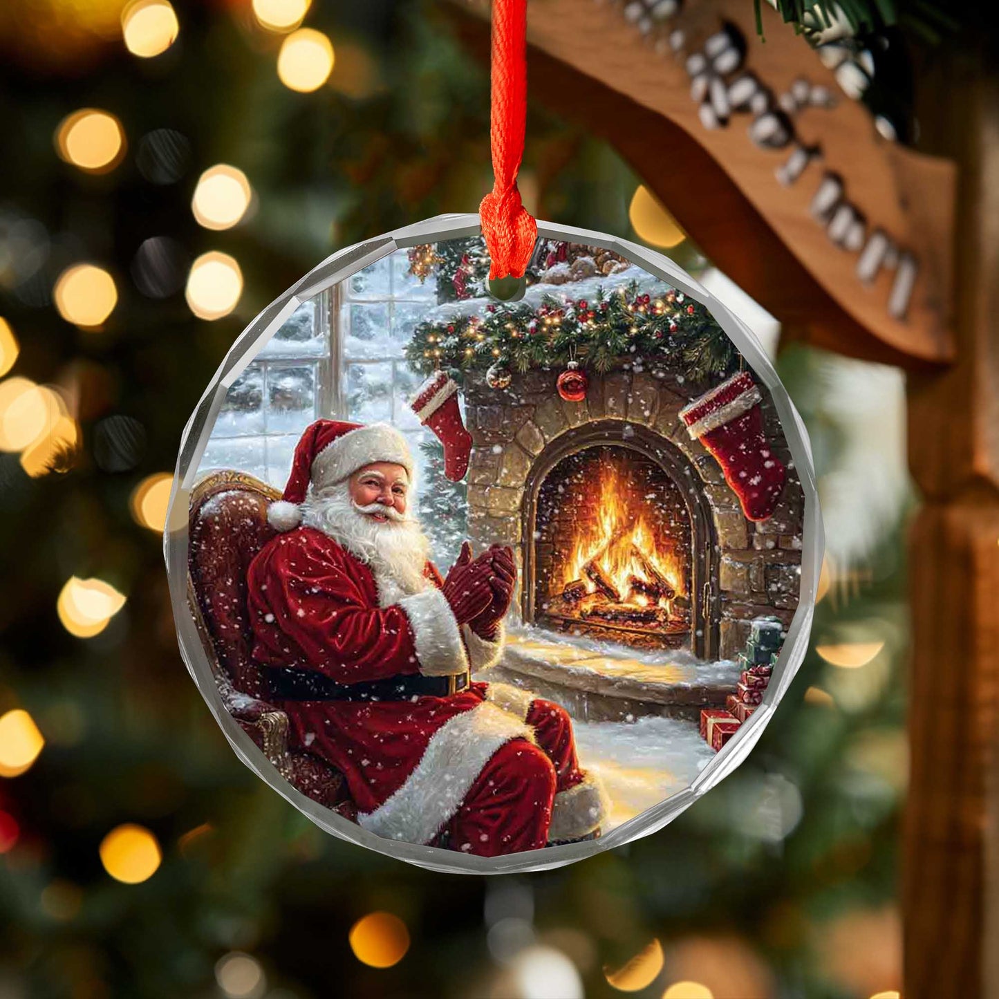 Netecom Relaxing Santa with Fireplace & Stockings Glass Ornament – Traditional Christmas Tree Decoration, Holiday Keepsake, 3-inch