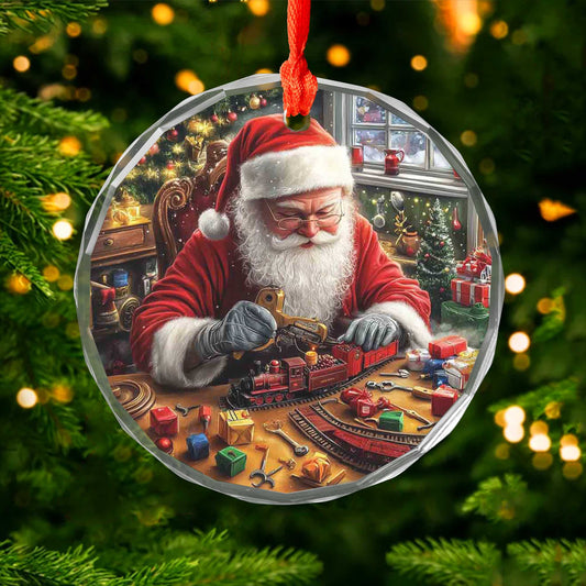Netecom Santa Claus Making Toys Glass Ornament – Christmas Workshop Train Scene, Festive Holiday Keepsake Gift, 3-inch