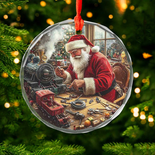 Netecom Santa's Toy Workshop Glass Ornament – Finishing Toy Train & Gifts, Christmas Tree Decor, Collectible Keepsake, 3-inch