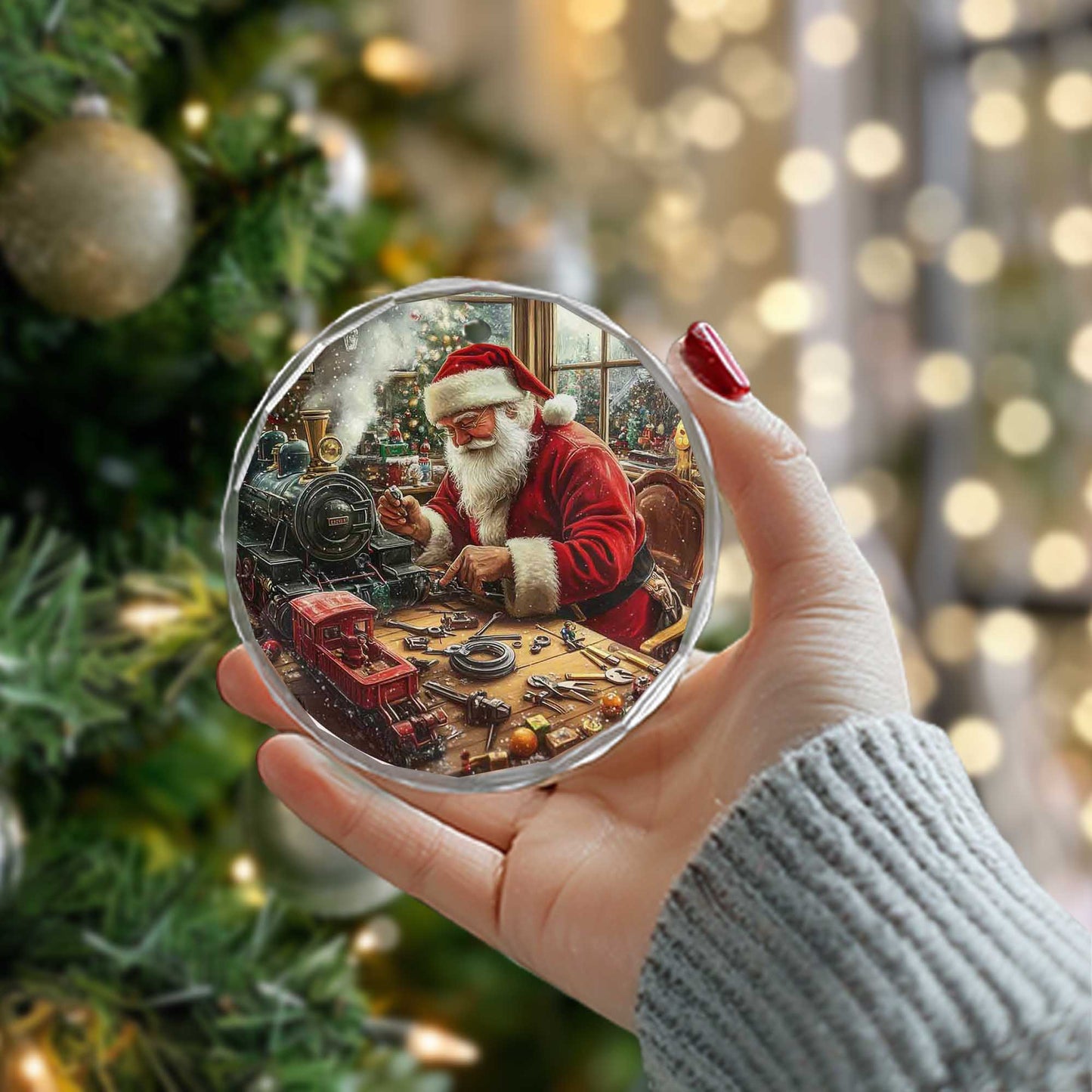 Netecom Santa's Toy Workshop Glass Ornament – Finishing Toy Train & Gifts, Christmas Tree Decor, Collectible Keepsake, 3-inch