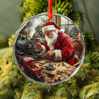 Netecom Santa's Toy Workshop Glass Ornament – Finishing Toy Train & Gifts, Christmas Tree Decor, Collectible Keepsake, 3-inch