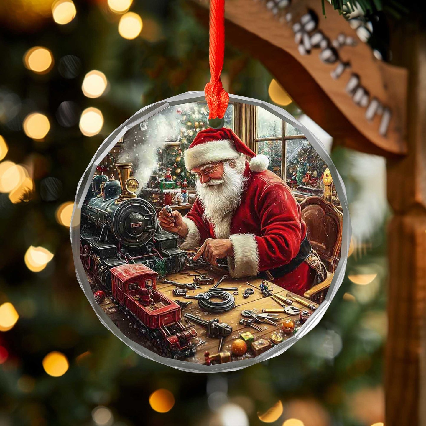 Netecom Santa's Toy Workshop Glass Ornament – Finishing Toy Train & Gifts, Christmas Tree Decor, Collectible Keepsake, 3-inch