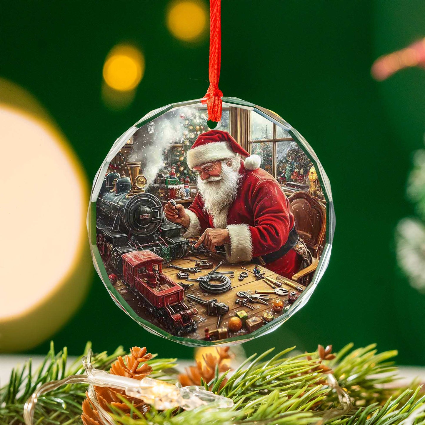 Netecom Santa's Toy Workshop Glass Ornament – Finishing Toy Train & Gifts, Christmas Tree Decor, Collectible Keepsake, 3-inch