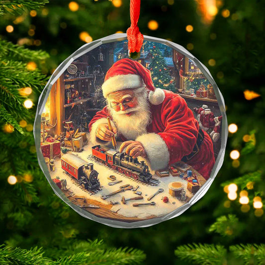 Netecom Classic Santa with Toy Train & Tools Ornament – Christmas Workshop Scene, Unique Holiday Decor & Gift Idea, 3-inch