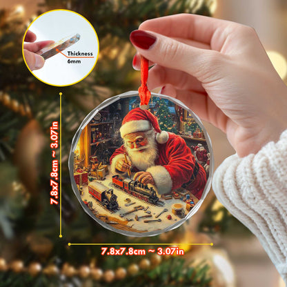 Netecom Classic Santa with Toy Train & Tools Ornament – Christmas Workshop Scene, Unique Holiday Decor & Gift Idea, 3-inch
