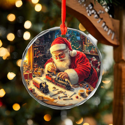 Netecom Classic Santa with Toy Train & Tools Ornament – Christmas Workshop Scene, Unique Holiday Decor & Gift Idea, 3-inch