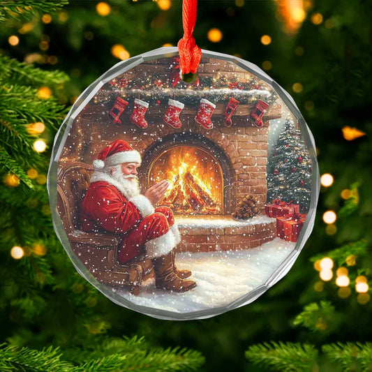 Netecom Cozy Santa Claus by Fireplace Glass Ornament – Traditional Christmas Eve Scene, Holiday Tree Decoration, 3-inch