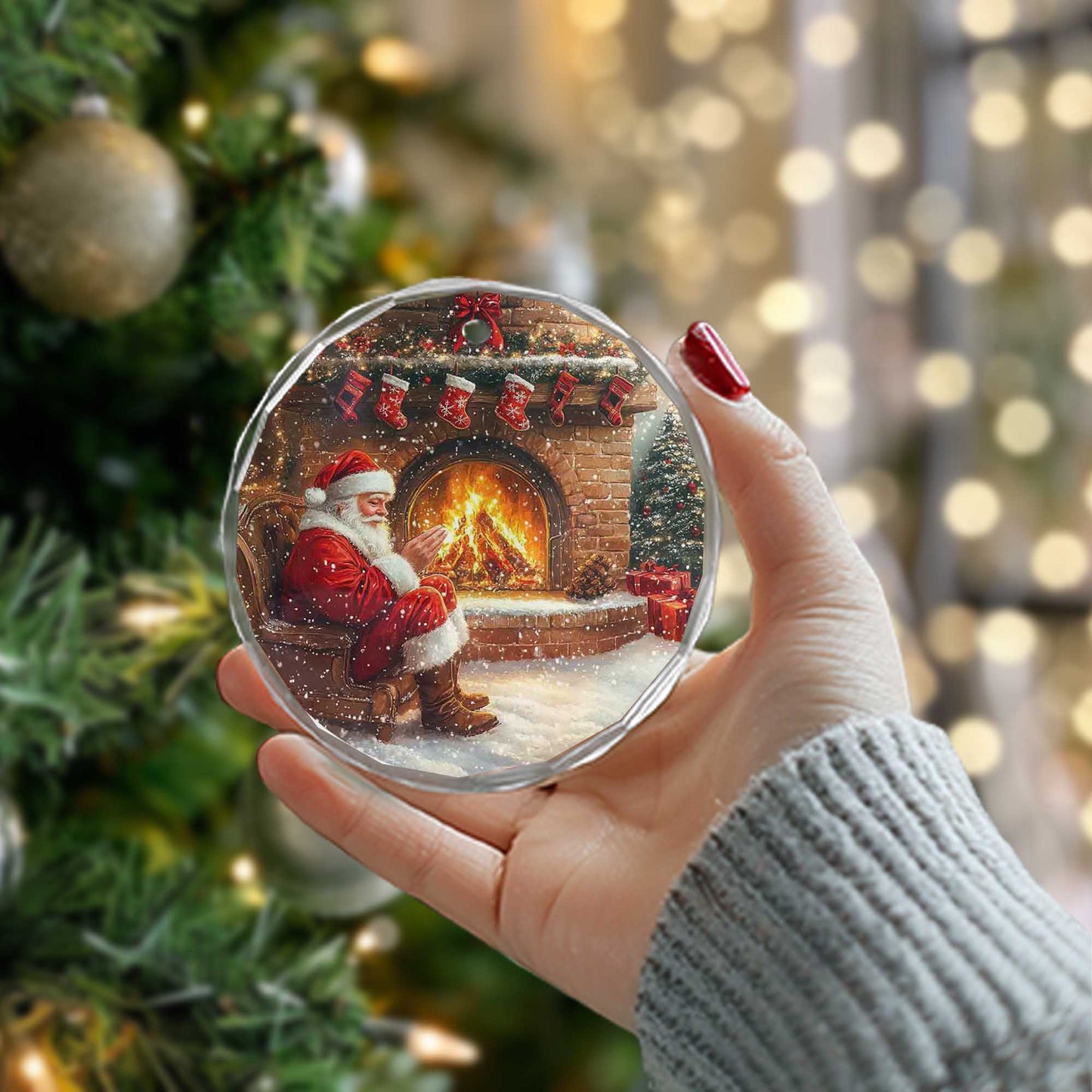 Netecom Cozy Santa Claus by Fireplace Glass Ornament – Traditional Christmas Eve Scene, Holiday Tree Decoration, 3-inch