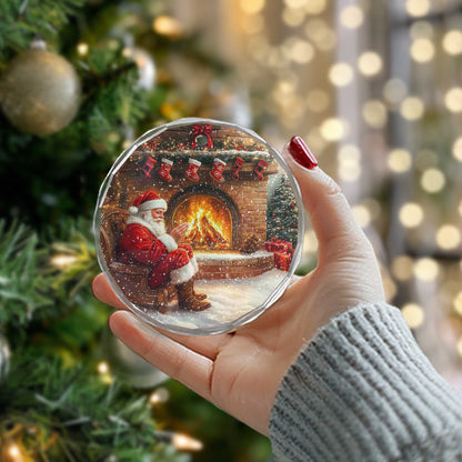 Netecom Cozy Santa Claus by Fireplace Glass Ornament – Traditional Christmas Eve Scene, Holiday Tree Decoration, 3-inch