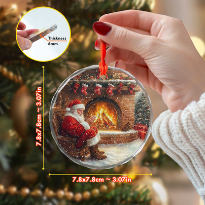 Netecom Cozy Santa Claus by Fireplace Glass Ornament – Traditional Christmas Eve Scene, Holiday Tree Decoration, 3-inch