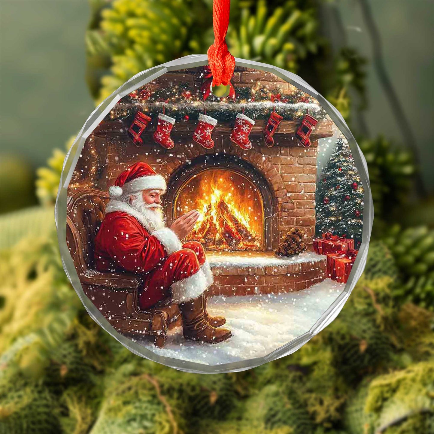 Netecom Cozy Santa Claus by Fireplace Glass Ornament – Traditional Christmas Eve Scene, Holiday Tree Decoration, 3-inch