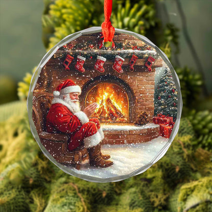 Netecom Cozy Santa Claus by Fireplace Glass Ornament – Traditional Christmas Eve Scene, Holiday Tree Decoration, 3-inch