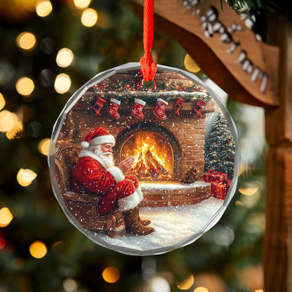 Netecom Cozy Santa Claus by Fireplace Glass Ornament – Traditional Christmas Eve Scene, Holiday Tree Decoration, 3-inch