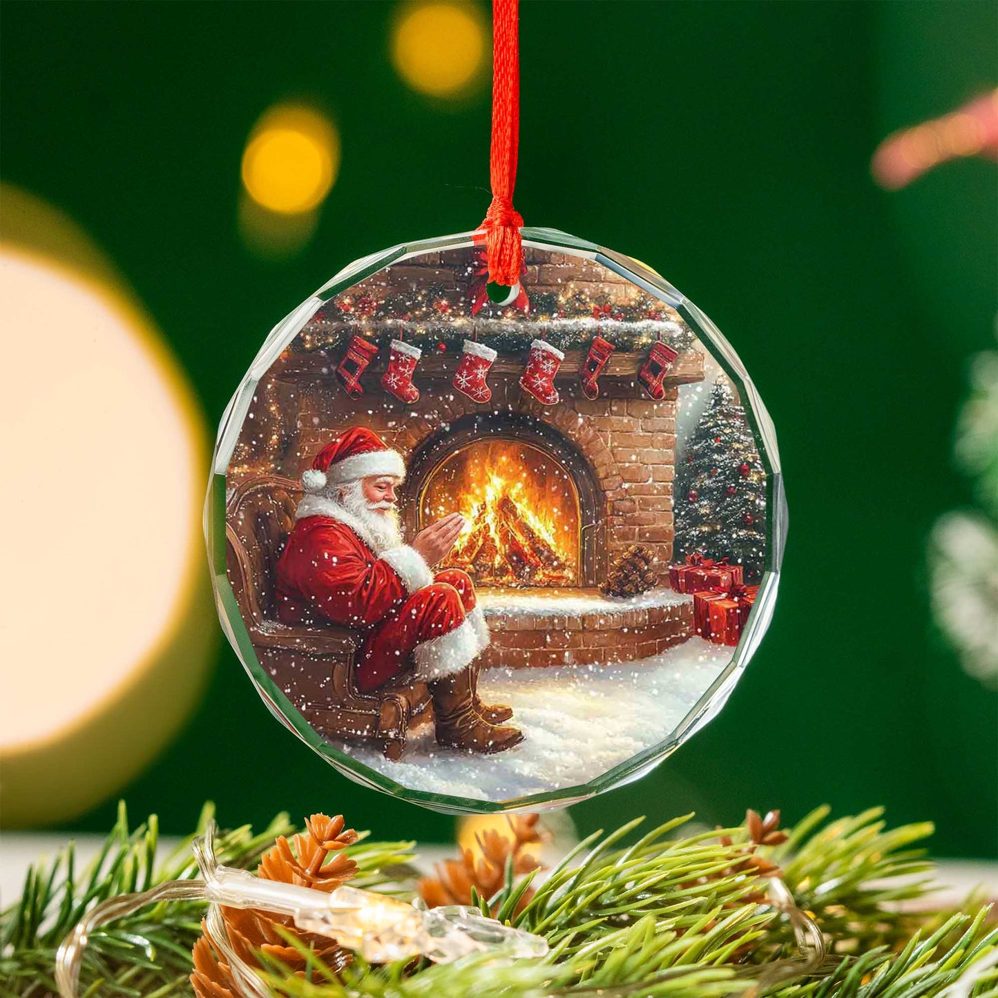 Netecom Cozy Santa Claus by Fireplace Glass Ornament – Traditional Christmas Eve Scene, Holiday Tree Decoration, 3-inch