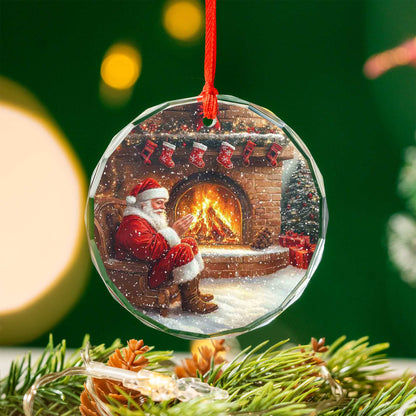 Netecom Cozy Santa Claus by Fireplace Glass Ornament – Traditional Christmas Eve Scene, Holiday Tree Decoration, 3-inch