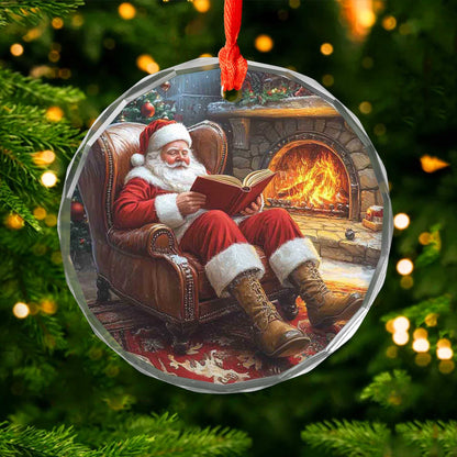 Netecom Santa Claus Reading by the Fireplace Glass Ornament – Cozy Armchair Scene, Christmas Tree Decor & Keepsake Gift, 3-inch