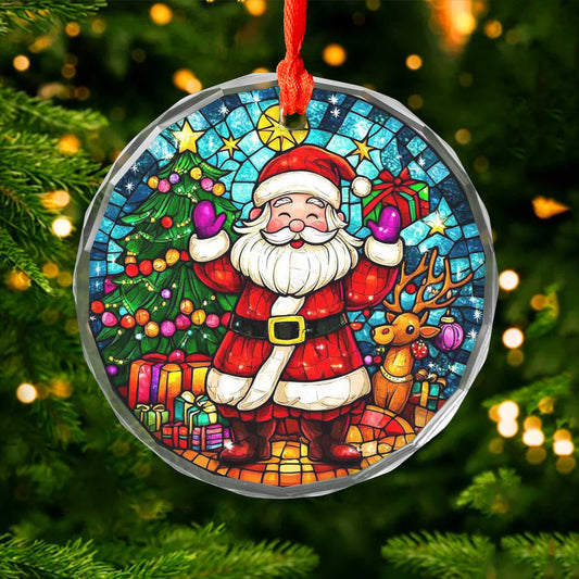 Netecom Joyful Santa Claus & Reindeer Glass Ornament – Colorful Christmas Tree Decoration, 3-Inch Holiday Keepsake
