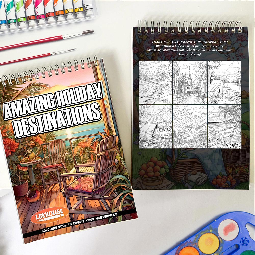 Amazing Holiday Destinations Spiral Coloring Book for Adult