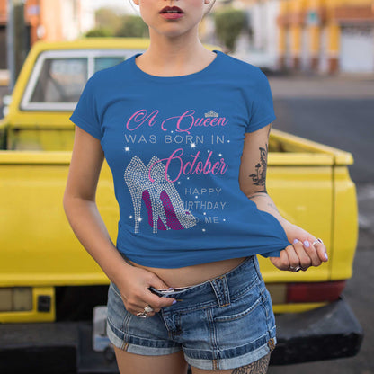 Netecom A Queen Was Born In October T-Shirt, Happy Birthday To Me, Graphic Tee, Casual Birthday Gift for Women