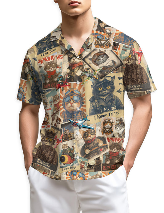 Netecom Retro Pilot Cat Hawaiian Shirt for Men, Cat Lover Gifts, Animal Button Down Summer Beach Short Sleeve Shirts