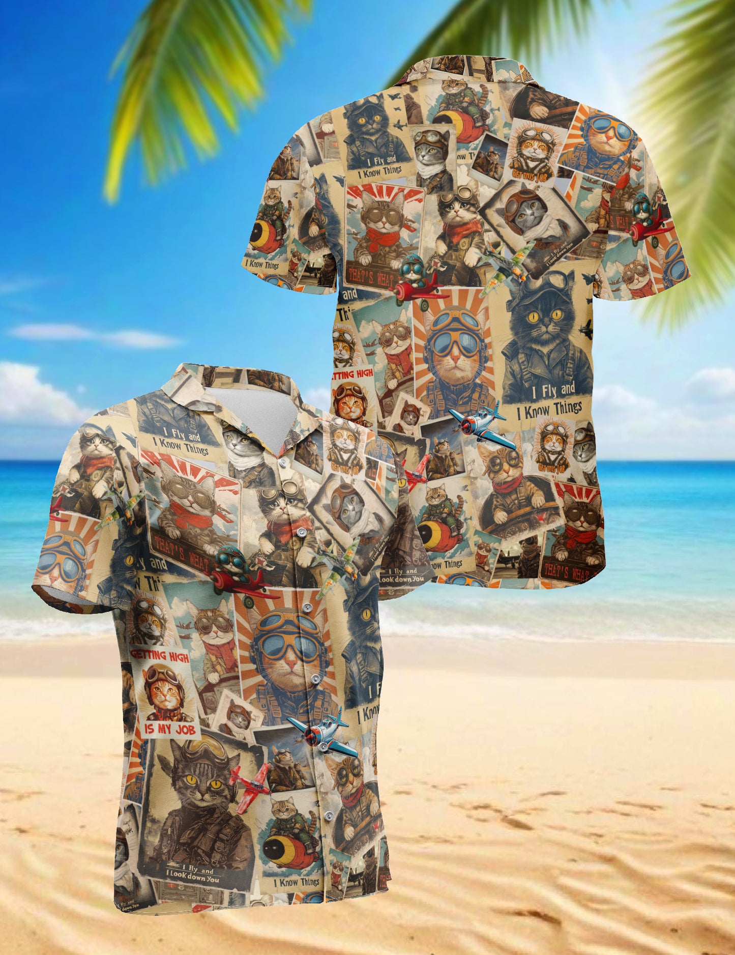 Netecom Retro Pilot Cat Hawaiian Shirt for Men, Cat Lover Gifts, Animal Button Down Summer Beach Short Sleeve Shirts