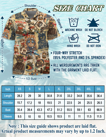 Netecom Retro Pilot Cat Hawaiian Shirt for Men, Cat Lover Gifts, Animal Button Down Summer Beach Short Sleeve Shirts