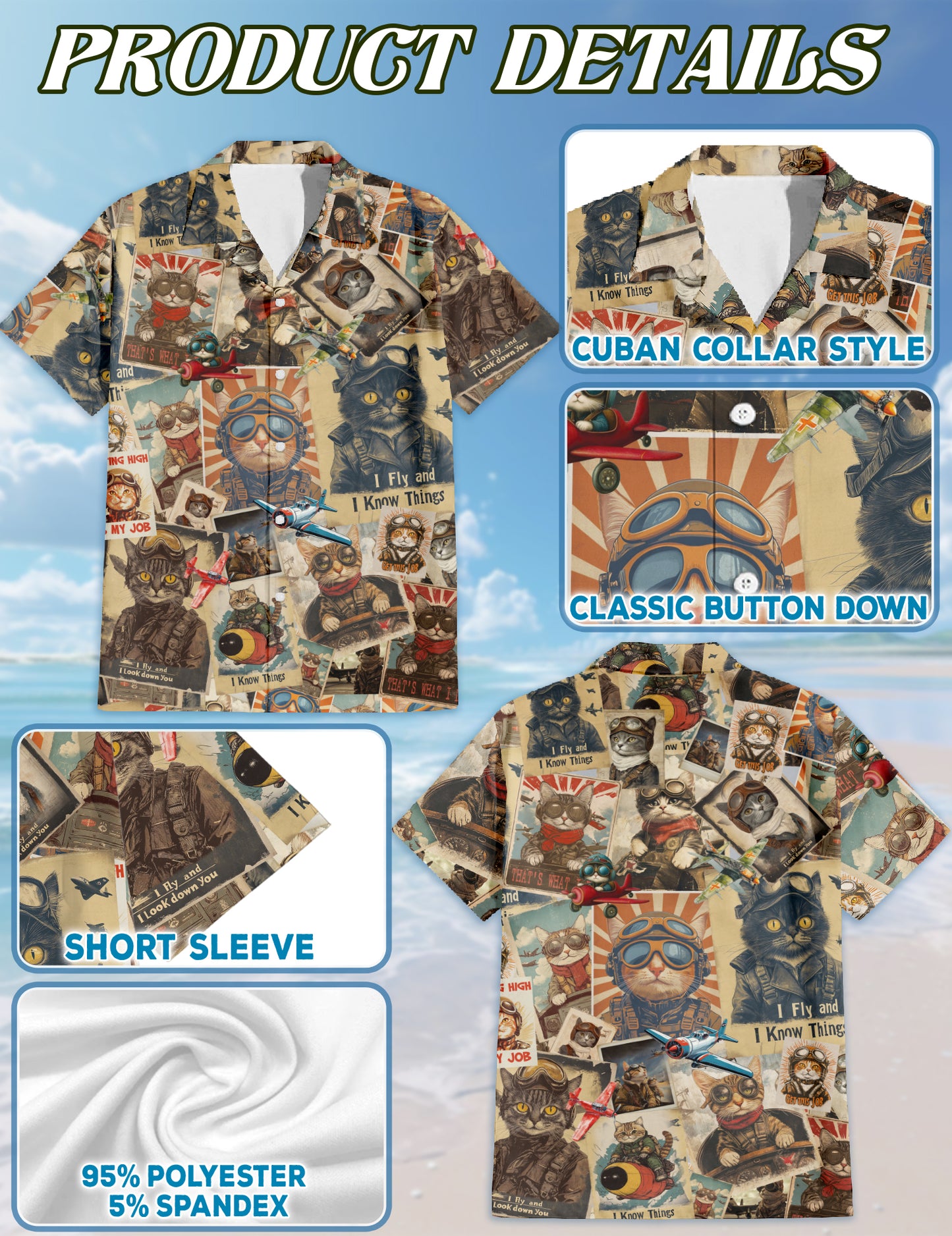 Netecom Retro Pilot Cat Hawaiian Shirt for Men, Cat Lover Gifts, Animal Button Down Summer Beach Short Sleeve Shirts