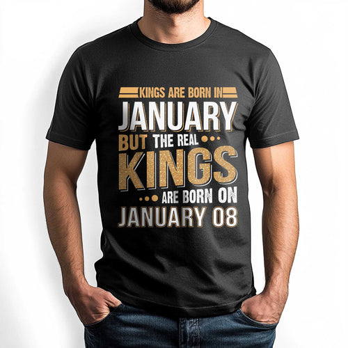Netecom Real Kings Are Born on January 08 T-Shirt, Funny January Birthday Shirt for Men, Cool Graphic Tee, Unique Gift for Him