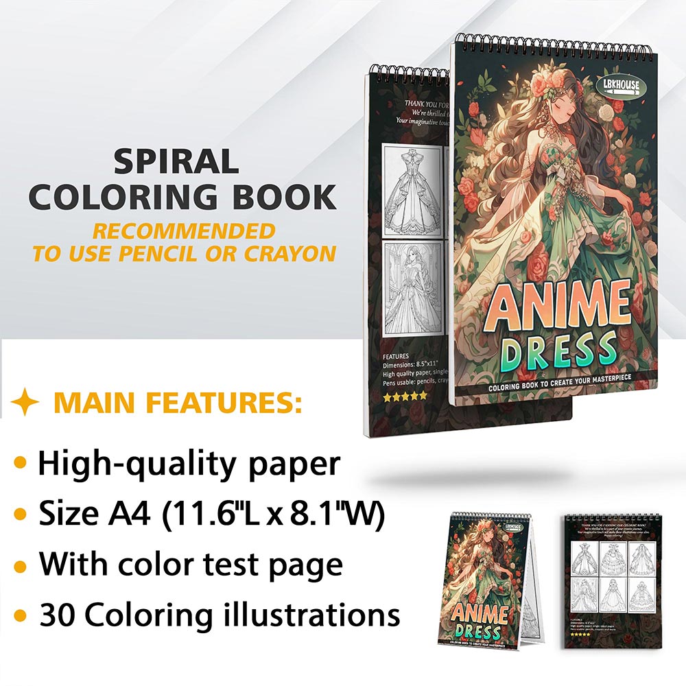 LBKHOUSE Anime Dress Coloring Book for Adult, Spiral Bound, Soft Cover