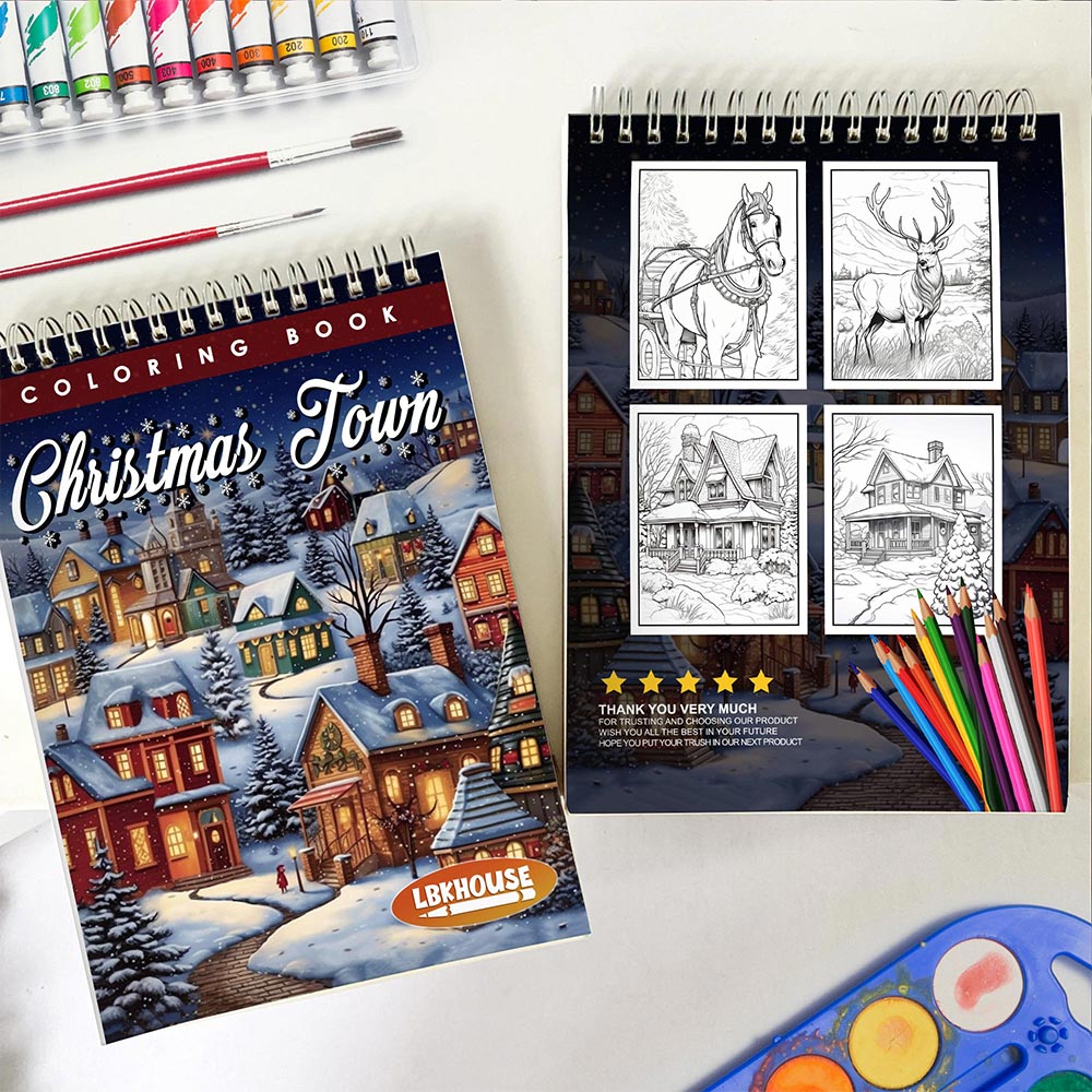 LBKHOUSE Christmas Town Coloring Book Spiral Bound For Adults, Premium Cover