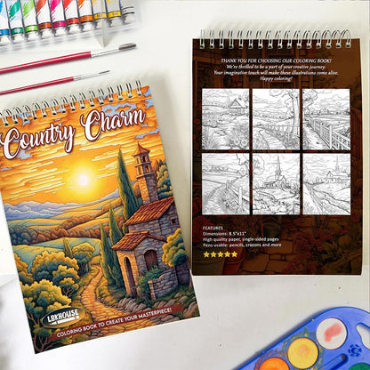 LBKHOUSE Country Charm Spiral Coloring Book for Adults