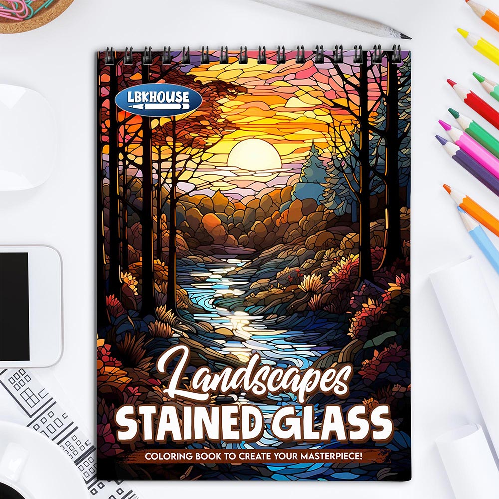 LBKHOUSE Landscapes Stained Glass Coloring Book for Adult