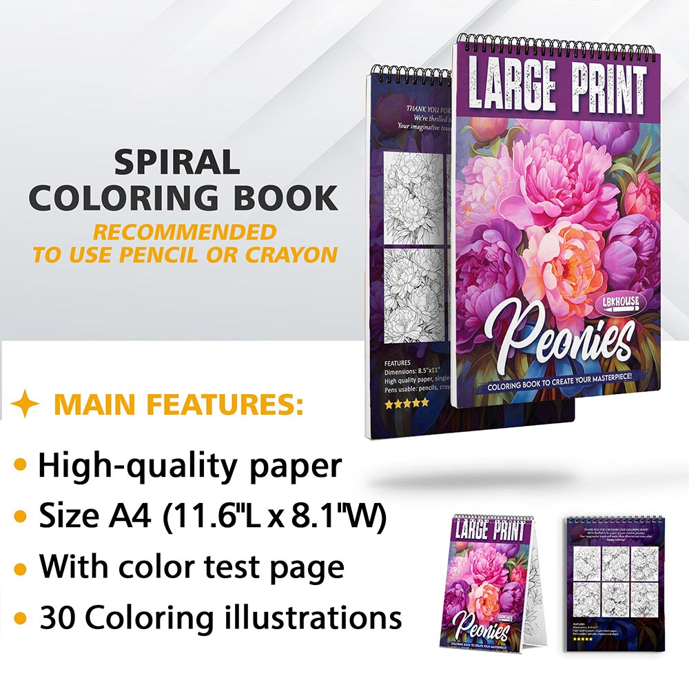 LBKHOUSE Large Print Peonies Coloring Sheets for Adults