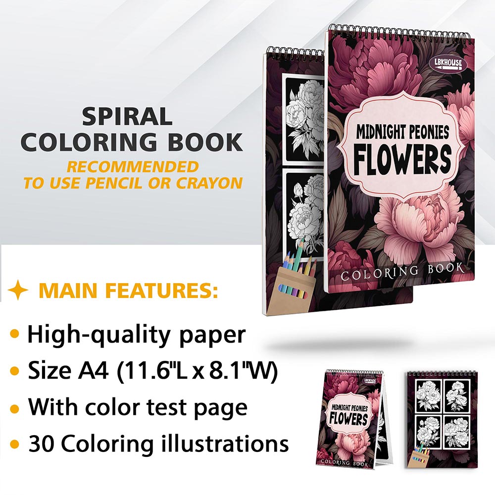 LBKHOUSE Midnight Peonies Flowers Coloring Sheets for Adult