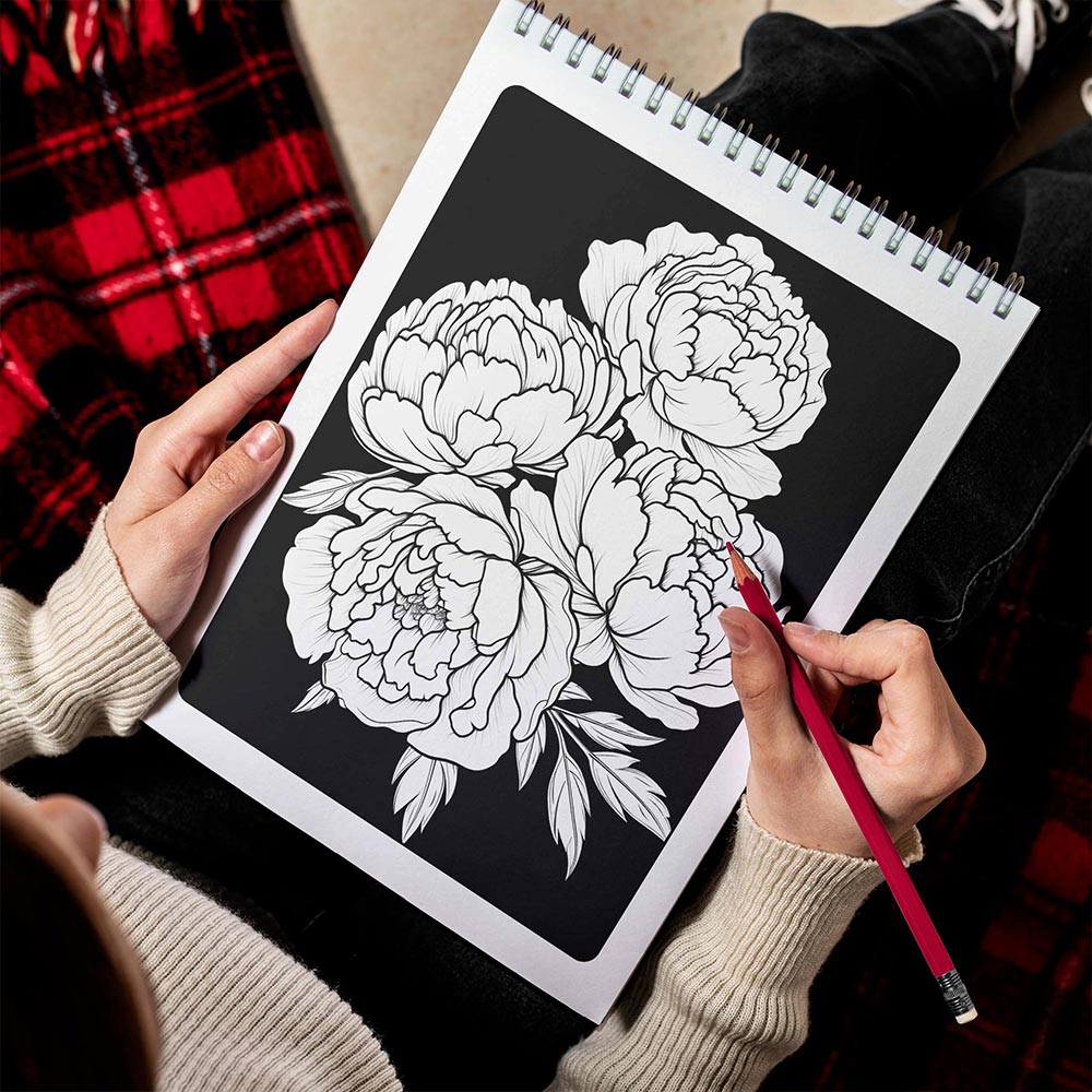 LBKHOUSE Midnight Peonies Flowers Spiral Bound Coloring Book for Adult