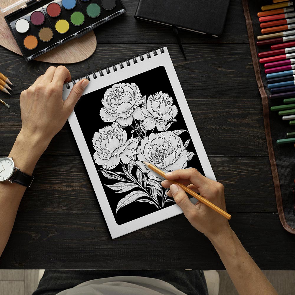 LBKHOUSE Midnight Peonies Flowers Coloring Book Spiral Bound for Adult