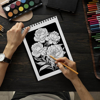 LBKHOUSE Midnight Peonies Flowers Coloring Book Spiral Bound for Adult