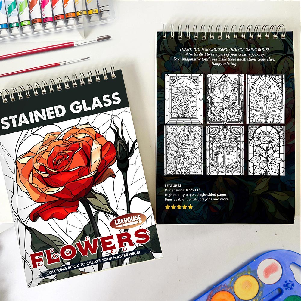 LBKHOUSE Stained Glass Flowers Spiral Coloring Book for Adult