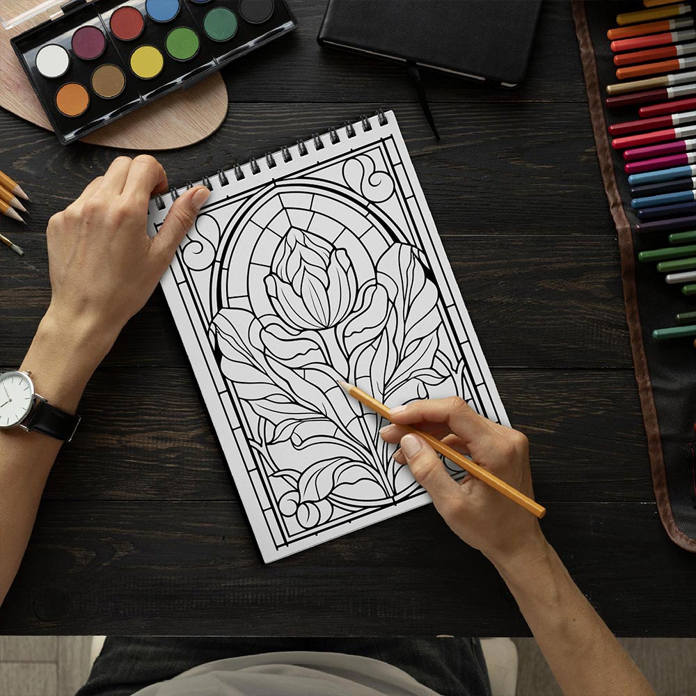 LBKHOUSE Stained Glass Flowers Coloring Book Spiral Bound for Adult