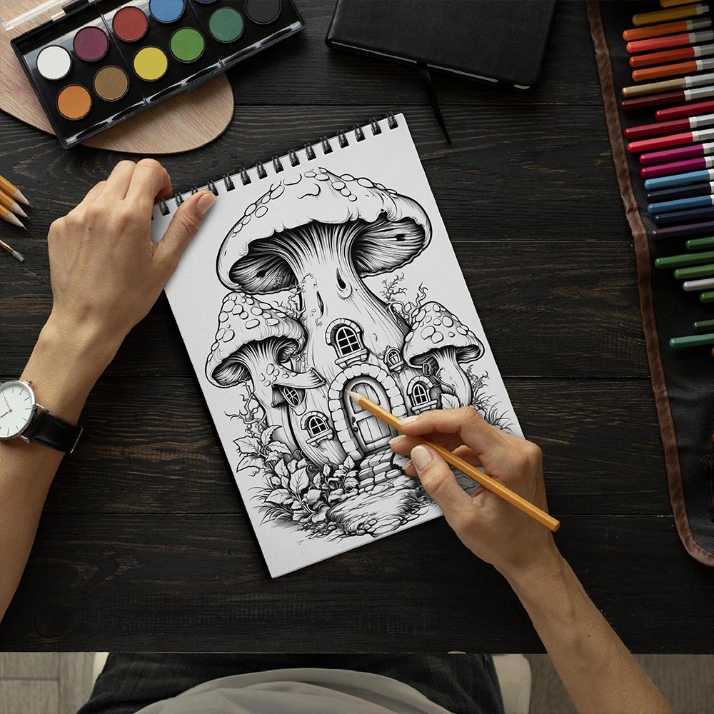 LBKHOUSE The World of Mushroom Homes Coloring Book Spiral Bound for Adult