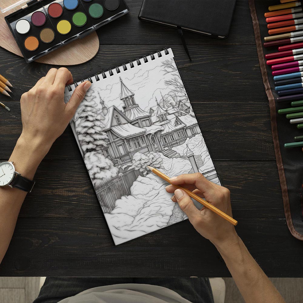 LBKHOUSE Winter Village Coloring Book Spiral Bound for Adults
