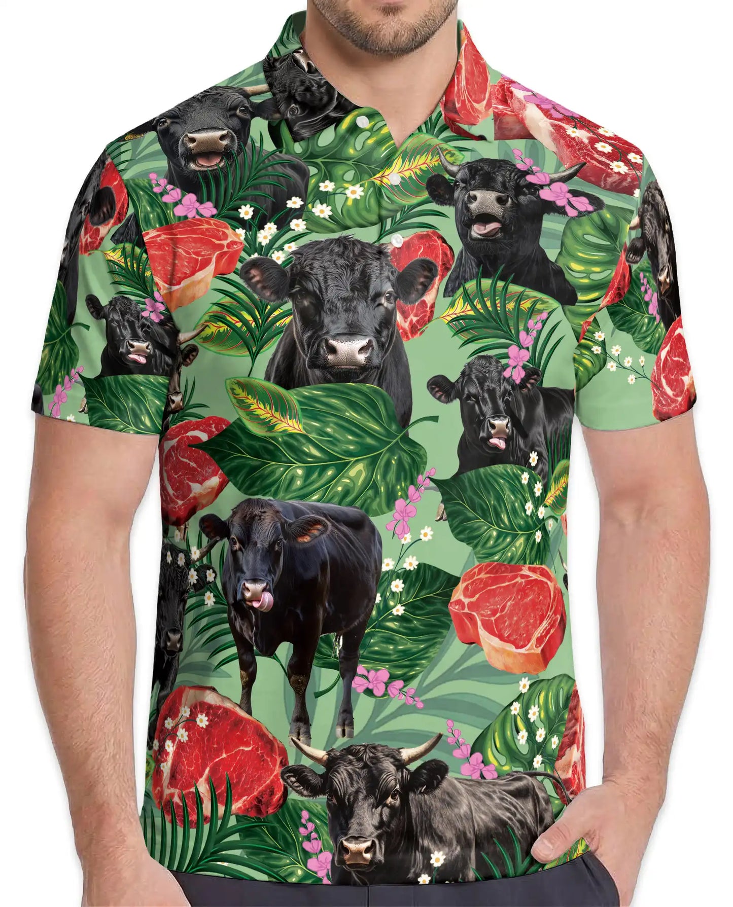 Tropical Black Angus Cattle Polo Shirt for Men – Funny Cow Meat Print | Netecom