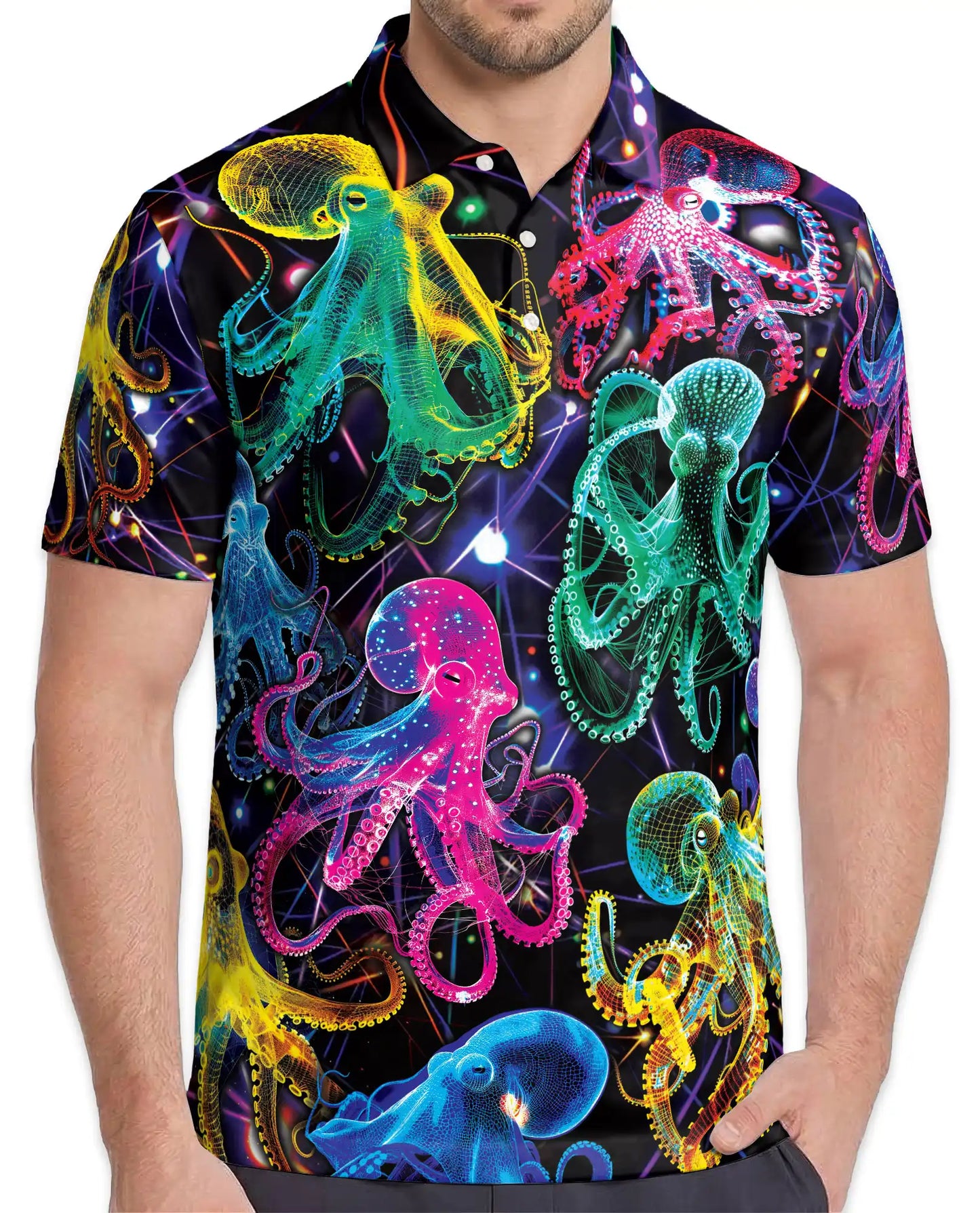 Neon Octopus Polo Shirt for Men – Vibrant Ocean Life | Netecom