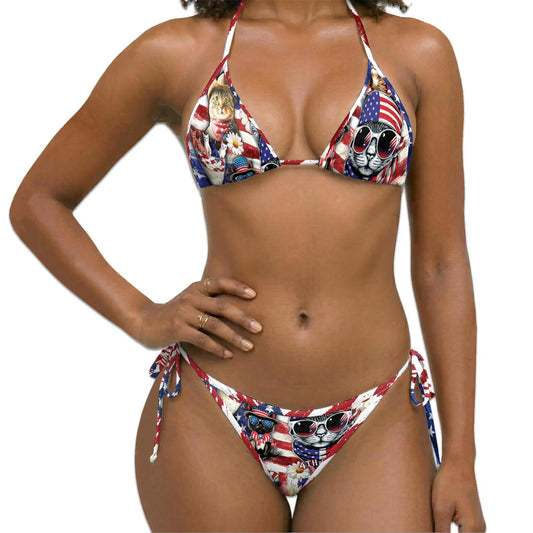 4th of July Cat Bikini Set for Women, Two Piece Swimsuit, Patriotic Cat Print Beachwear | Netecom