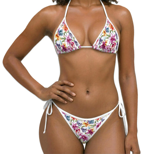 Spring Floral Skull Bikini Set for Women, Two Piece Swimsuit, Gothic Flower Beachwear | Netecom