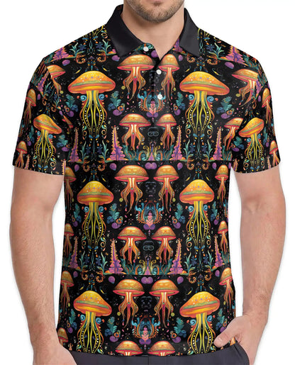 Fantasy Mushroom Polo Shirt – Botanical Night Garden Print | Netecom